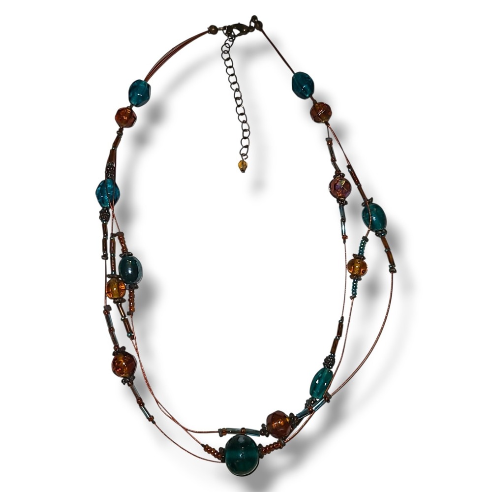 Vintage Blue & Copper Layered Art Glass Beaded Necklace